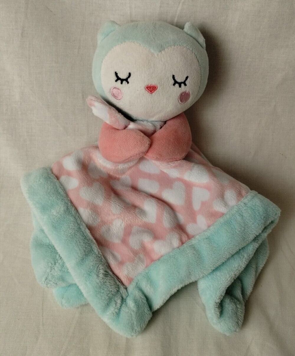 Falls Creek Baby OWL Soft Plush Lovey Rattle Blankie Pink Mint Aqua 12"x12"